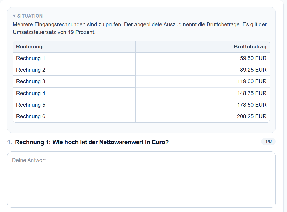 Eine Übungsaufgabe mit Anlage: eine Tabelle mit sechs Eingangsrechnungen und Bruttobeträgen, darunter die Frage nach dem Nettowarenwert und das Antwortfeld.