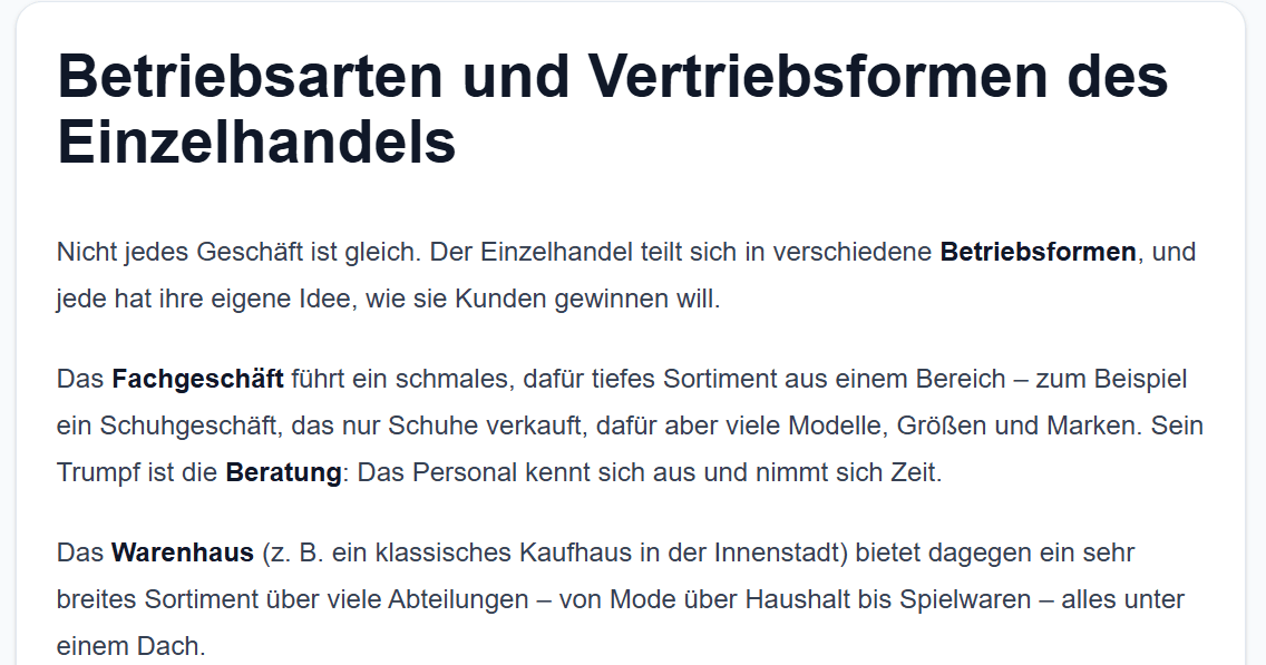 Die Lektion „Betriebsarten und Vertriebsformen des Einzelhandels“ mit erklärtem Lehrstoff; Fachbegriffe wie Fachgeschäft und Warenhaus stehen hervorgehoben im Text.